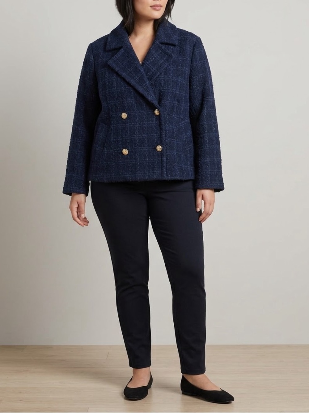 LC Lauren Conrad Navy Blue Plaid Tweed Double Breasted Jacket XL